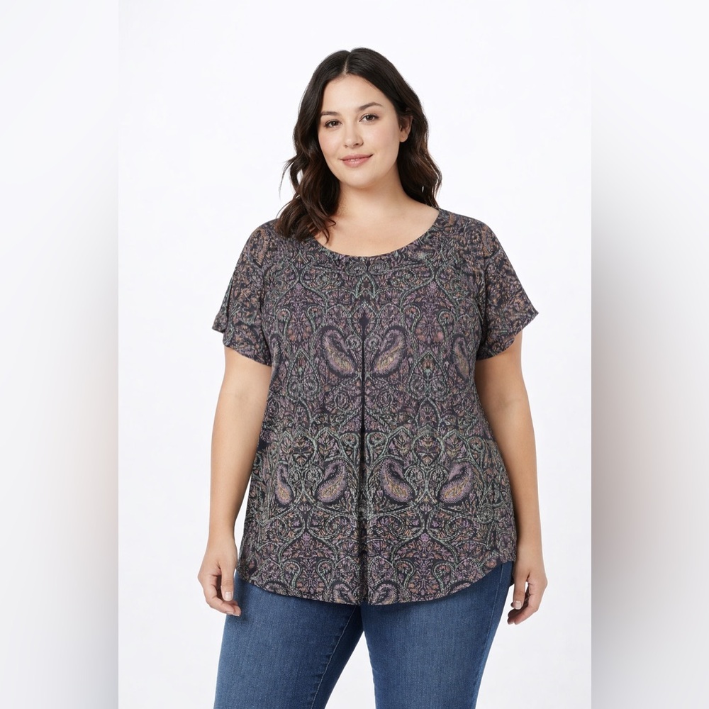 Lucky Brand NWT 2X Paisley Cotton Modal Boho Top Back Slit